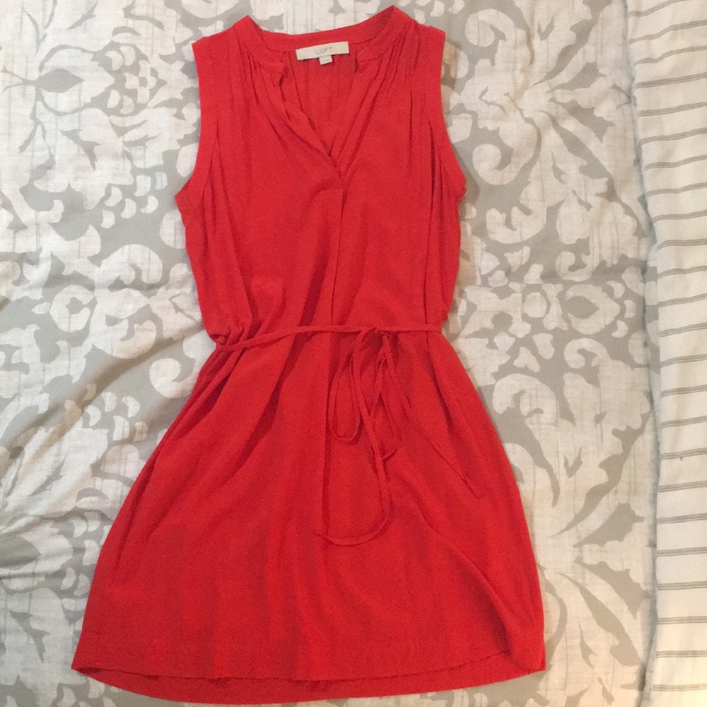 Loft red orange tie waist shirt dress